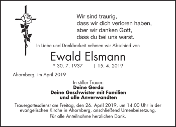 Traueranzeige von Ewald Elsmann von Frankenpost