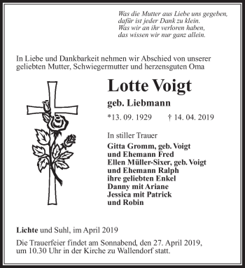 Traueranzeige von Lotte Voigt von Südthüringer Presse