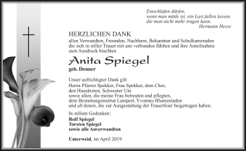 Traueranzeige von Anita Spiegel von Südthüringer Presse