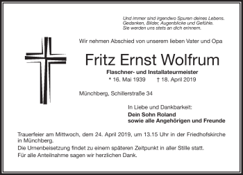 Traueranzeige von Fritz Ernst Wolfrum von Frankenpost