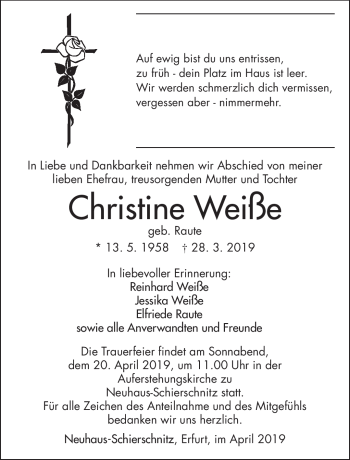 Traueranzeige von Christine Weiße von Südthüringer Presse