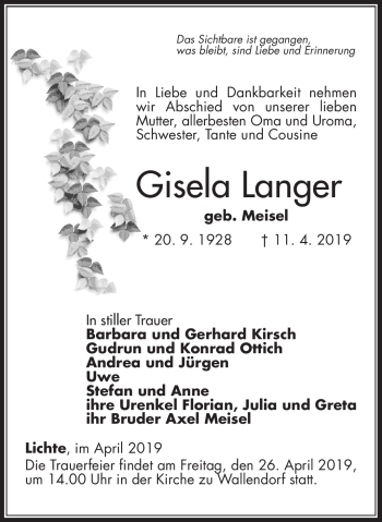 Traueranzeige von Gisela Langer von Südthüringer Presse