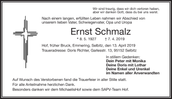 Traueranzeige von Ernst Schmalz von Frankenpost