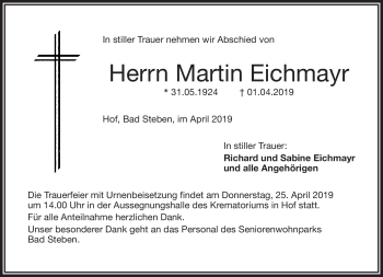 Traueranzeige von Martin Eichmayr von Frankenpost
