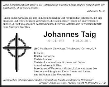 Traueranzeige von Johannes Taig von Frankenpost