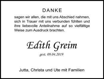 Traueranzeige von Edith Greim von Frankenpost