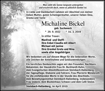 Traueranzeige von Michaline Bickel von Südthüringer Presse