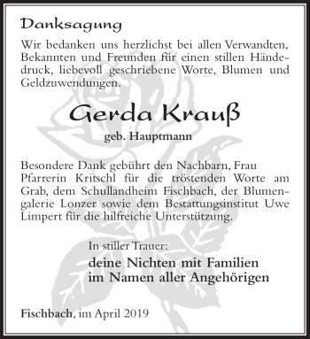 Traueranzeige von Gerda Krauß von Südthüringer Presse