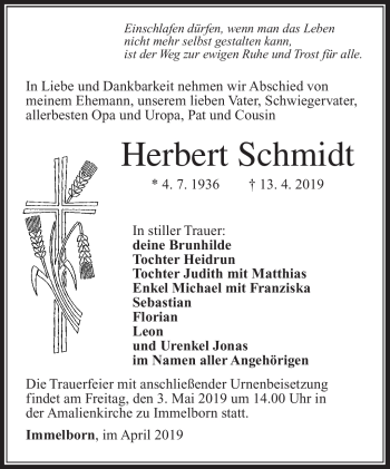 Traueranzeige von Herbert Schmidt von Südthüringer Presse