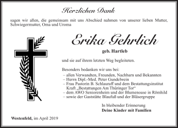 Traueranzeige von Erika Gehrlich von Südthüringer Presse
