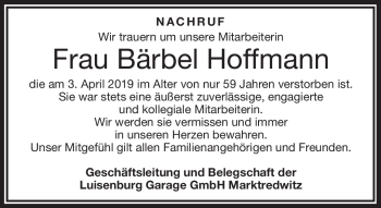 Traueranzeige von Bärbel Hoffmann von Frankenpost