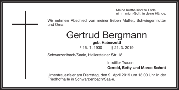 Traueranzeige von Gertrud Bergmann von Frankenpost