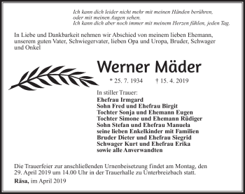 Traueranzeige von Werner Mäder von Südthüringer Presse