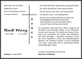 Traueranzeige von Rudi Warg von Südthüringer Presse