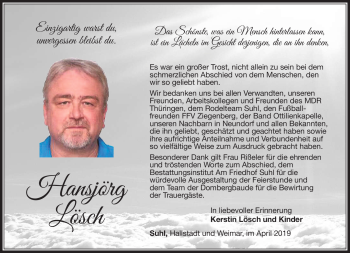 Traueranzeige von Hansjörg Lösch von Südthüringer Presse