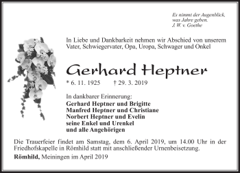 Traueranzeige von Gerhard Heptner von Südthüringer Presse