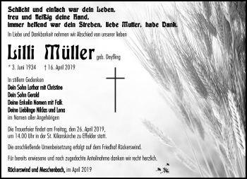 Traueranzeige von Lilli Müller von Südthüringer Presse