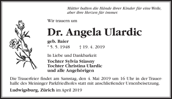 Traueranzeige von Angela Ulardic von Südthüringer Presse