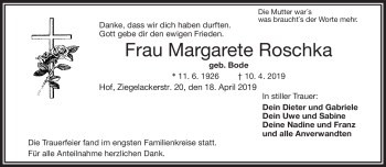 Traueranzeige von Margarete Roschka von Frankenpost