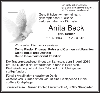 Traueranzeige von Anita Beck von Frankenpost