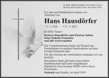 Traueranzeige von Hans Hausdörfer von Südthüringer Presse