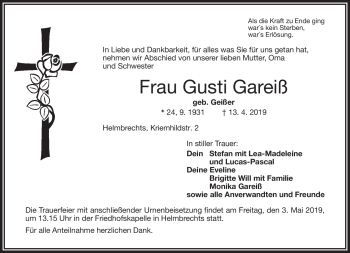 Traueranzeige von Gusti Gareiß von Frankenpost