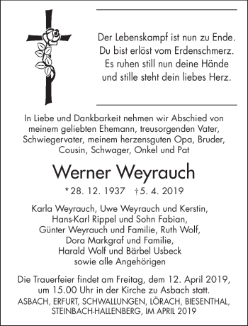 Traueranzeige von Werner Weyrauch von Südthüringer Presse
