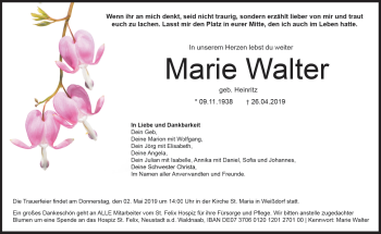 Traueranzeige von Marie Walter von Frankenpost