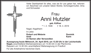 Traueranzeige von Anni Hutzler von Frankenpost