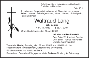 Traueranzeige von Waltraud Lang von Frankenpost