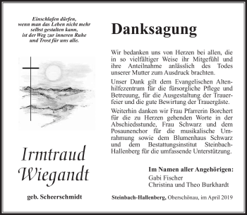 Traueranzeige von Irmtraud Wiegandt von Südthüringer Presse
