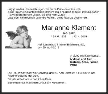 Traueranzeige von Marianne Klement von Frankenpost