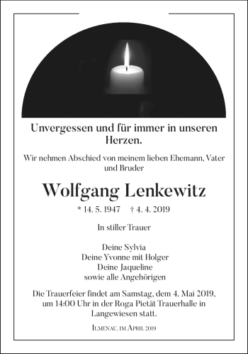 Traueranzeige von Wolfgang Lenkewitz von Südthüringer Presse