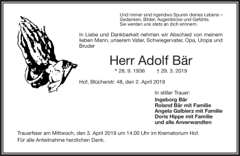 Traueranzeige von Adolf Bär von Frankenpost