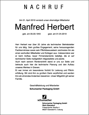 Traueranzeige von Manfred Herbert von Neue Presse Coburg