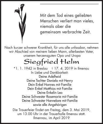 Traueranzeige von Siegfried Helm von Südthüringer Presse