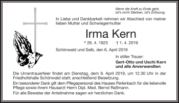 Traueranzeige von Irma Kern von Frankenpost