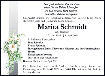 Traueranzeige von Marita Schmidt von Südthüringer Presse