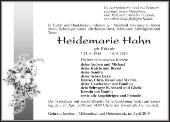 Traueranzeige von Heidemarie Hahn von Südthüringer Presse
