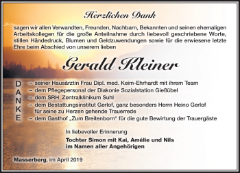 Traueranzeige von Gerald Kleiner von Südthüringer Presse