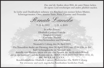 Traueranzeige von Renate Lamcke von Neue Presse Coburg