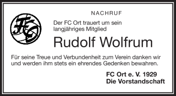 Traueranzeige von Rudolf Wolfrum von Frankenpost