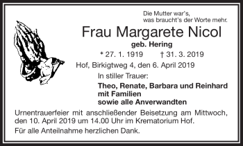Traueranzeige von Margarete Nicol von Frankenpost