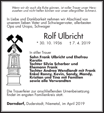 Traueranzeige von Rolf Ulbricht von Südthüringer Presse