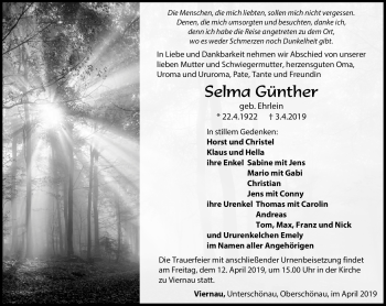Traueranzeige von Selma Günther von Südthüringer Presse