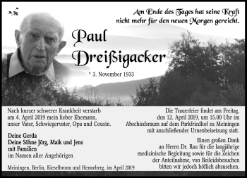 Traueranzeige von Paul Dreißigacker von Südthüringer Presse
