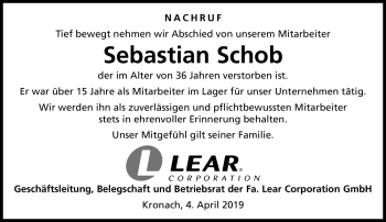 Traueranzeige von Sebastian Schob von Neue Presse Coburg