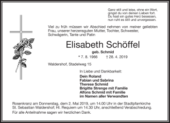 Traueranzeige von Elisabeth Schöffel von Frankenpost