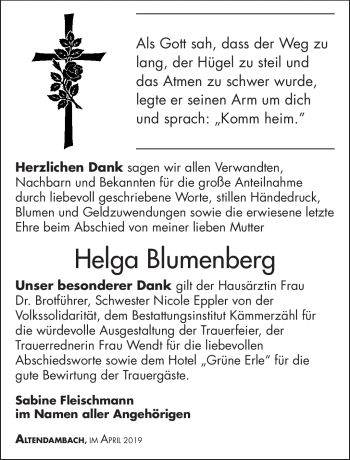 Traueranzeige von Helga Blumenberg von Südthüringer Presse