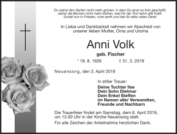 Traueranzeige von Anni Volk von Neue Presse Coburg